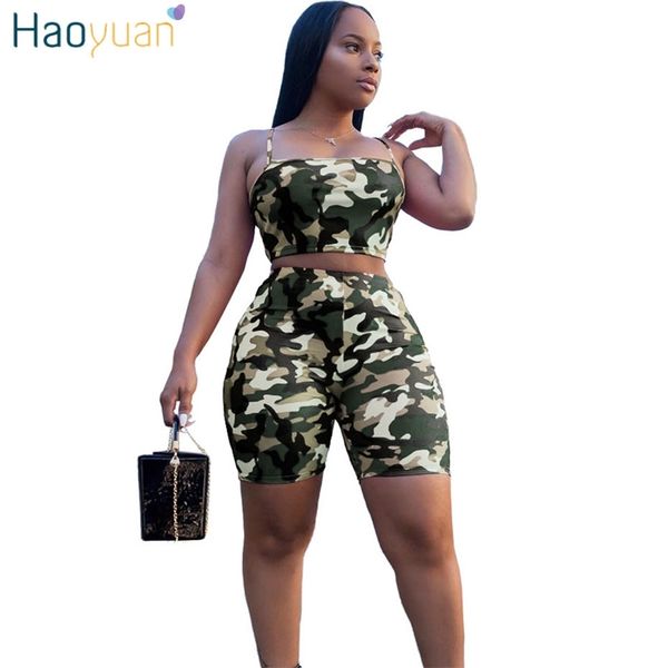 

haoyuan camouflage two piece set festival crop and biker shorts plus size sweat suit tracksuit 2 piece outfits for women y200822, Gray