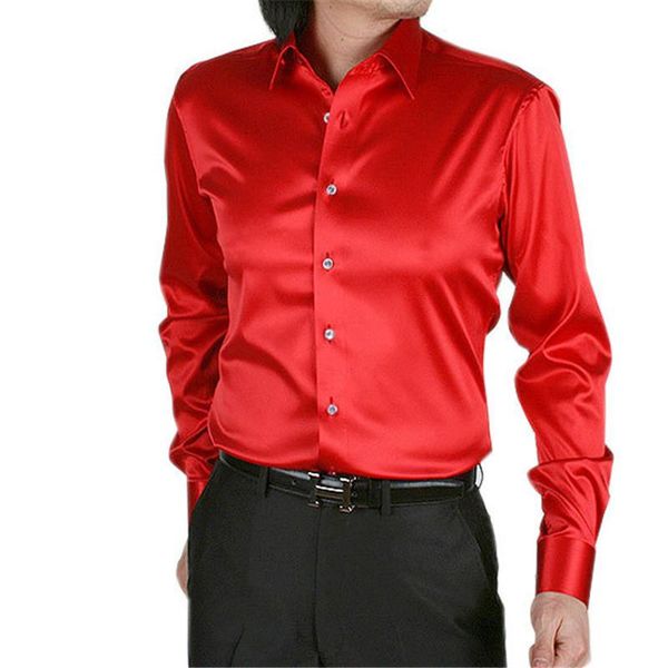 

fashion shiny silky satin dress shirt luxury silk like long sleeve mens casual shirts performance stage wear, White;black