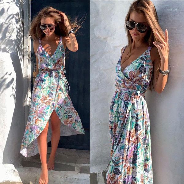 

split women dress summer print v-neck irregular women long maxi dress 2020 belt sling bohemian beach ladies cdr17581, Black;gray