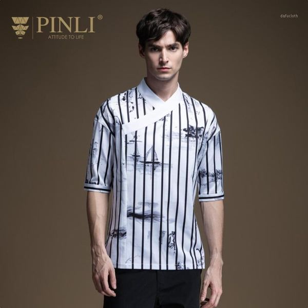 

pinli 2020 summer new slim striped chinese style printed half sleeve casual men short sleeve shirt b2024133231, White;black