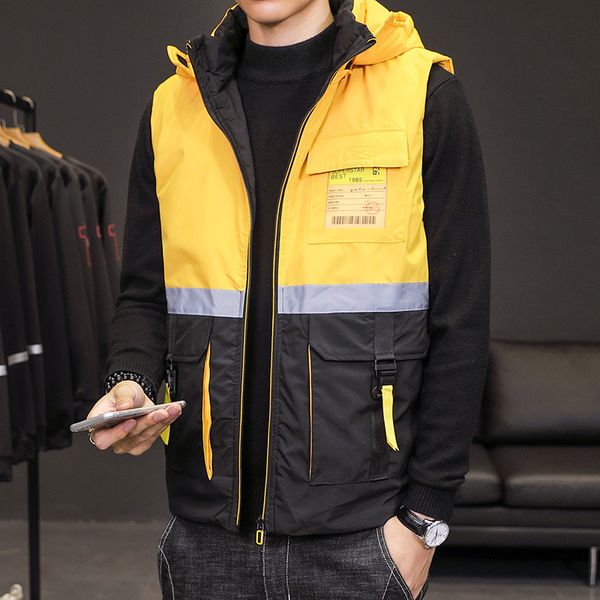 

men's fashion cotton hooded leisure sports color matching down thickened warm student outdoor vest, Black;white
