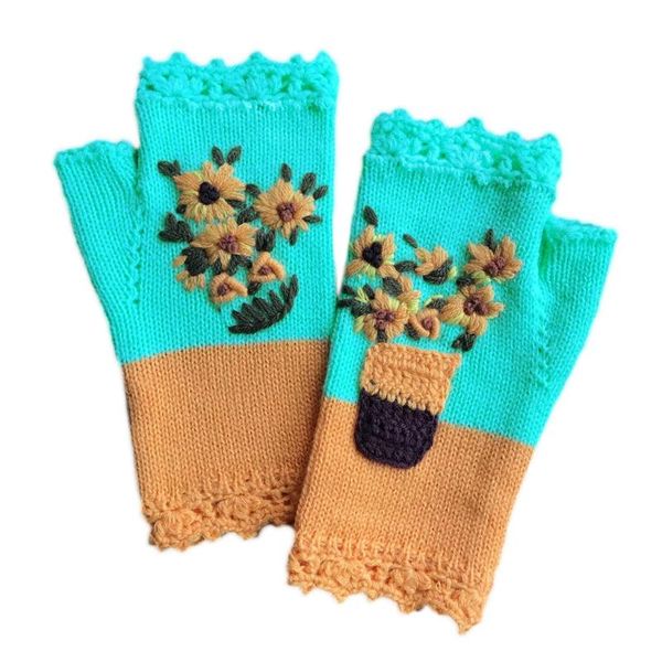 

women color block knitted fingerless gloves sweet daisy floral handmade embroidery thumbhole texting mittens arm warmers, Blue;gray