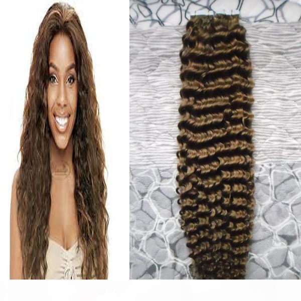 

brazilian human tape in kinky curly skin weft 100% human hair tape in hair extensions #4 dark brown tape in human hair extensions 100g 40pcs, Black