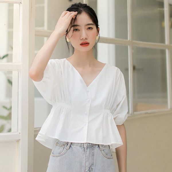 

white high street blouse 2020 summer fashion v-neck puff batwing sleeve single-breasted simple women's party elegant shirts1