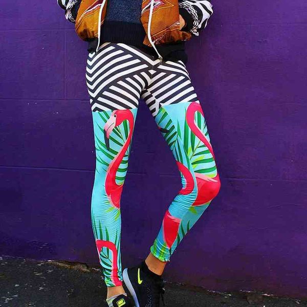 

red crane stripe print women blue leggings casual fitness ladies workout long leggings trousers, Black