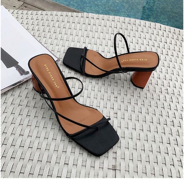 

women's sandals wood heel slipper vintage square toe narrow band high heel sandals women summer shoes women luxury designers r t200515, Black