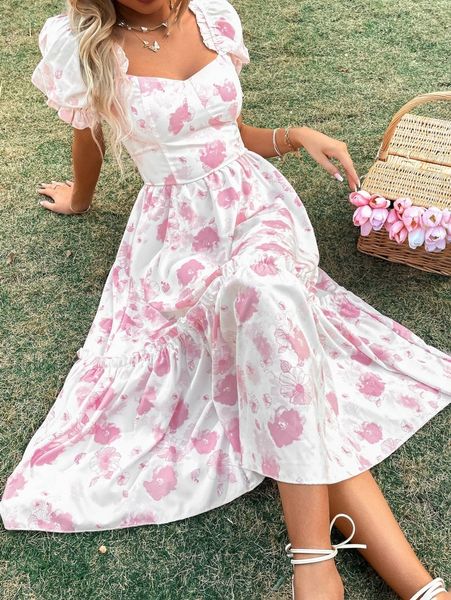 

random floral print puff sleeve ruffle hem bustier dress b9kv#, Black;gray