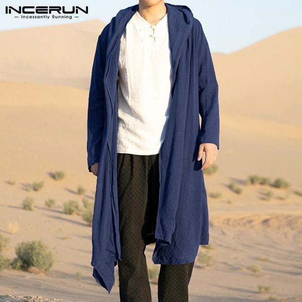 

men outerwear hooded long sleeve cotton solid trench open stitch vintage streetwear long coats casual mens jackets s-5xl incerun1, Tan;black
