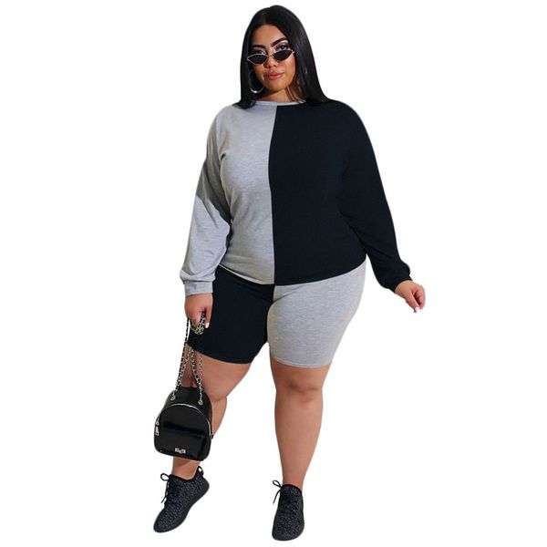 

european and american fat mm plus size women's casual solid color stitching t-shirt shorts suit xl-4xl, Gray