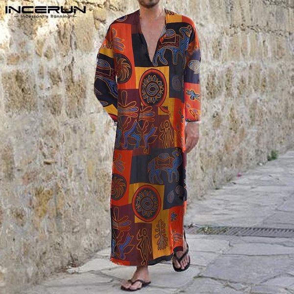 

incerun men muslim arabic kaftan printed v neck vintage long sleeve men clothes jubba thobe abaya dress islamic dubai arab robes, Red