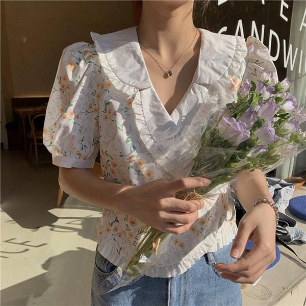 

honey girl v neck daisy printed 2020 cute stylish women lace up blouses florals all match sweet chic lapel shirts, White