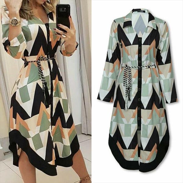 

2021 womens autumn shirt dress lady wave print long sleeve v neck casual loose holiday midi dress plus size, Black;gray