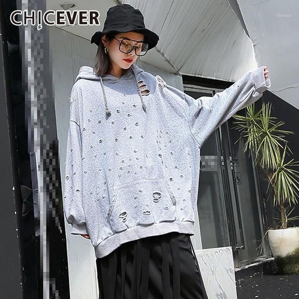 

chicever autumn hole sweatshirt for women casual loose hooded long sleeve female pullovers women's hoodies fashion new 20201, Black