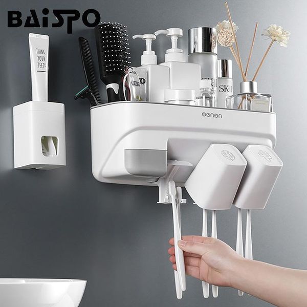 

bath accessory set baispo toothbrush holder automatic toothpaste dispenser squeezer bathroom storage rack wall-mounted accessories sets