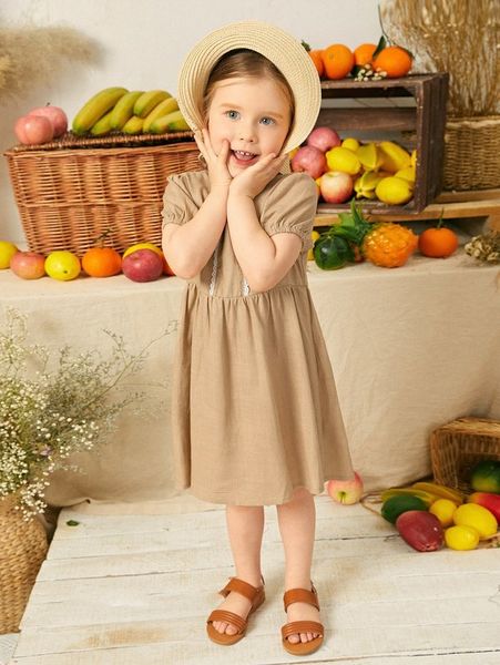 

toddler girls lace trim puff sleeve smock dress she, Red;yellow