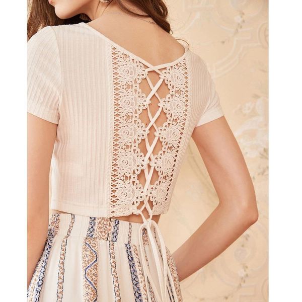 

2019 early spring new holiday style lace stitching strips backless bandage short sleeve slim waist t-shirt female ta15085x, White