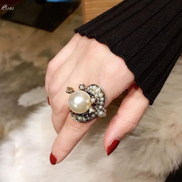 

aomu summer jewelry vintage imitation pearl flower ring for women fashion adjustable finger rings female punk party jewelry, Slivery;golden