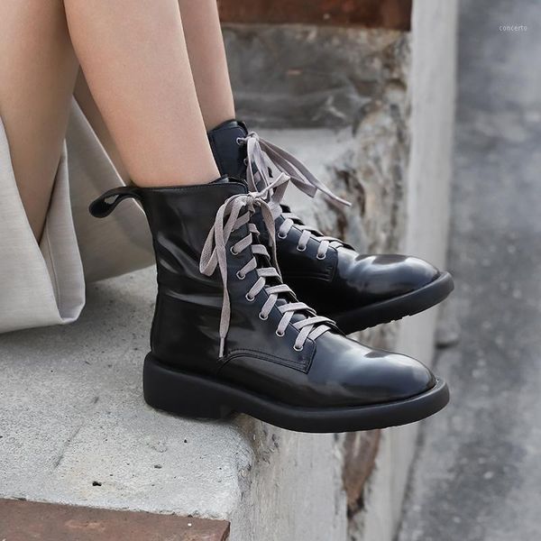 

ankle boots women shoes lace-up square heel female boots genuine leather med heel short female winter big size 431, Black