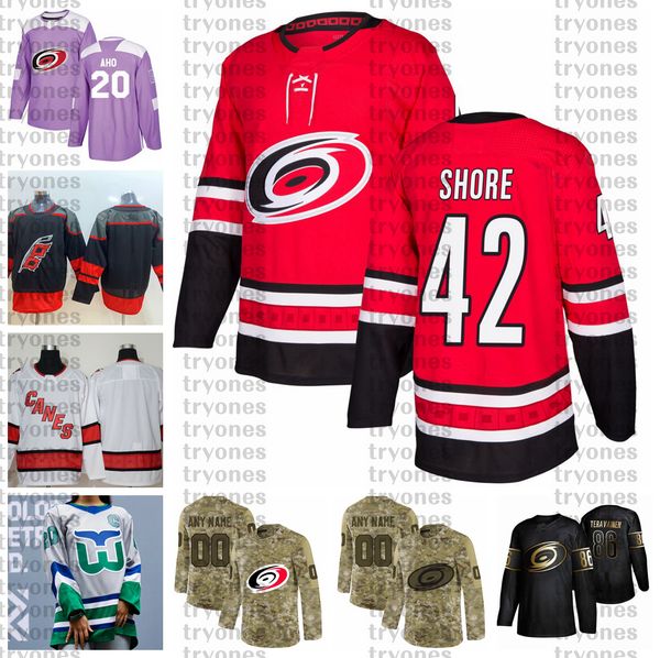 

2021 reverse retro customize #42 drew shore carolina hurricanes jerseys golden edition camo veterans day fights cancer hockey jersey, Black;red