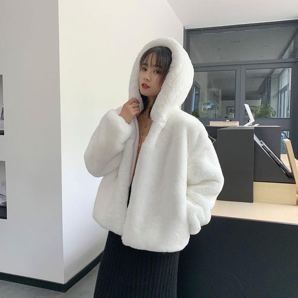 

women 2021 spring autumn teddy coat female fluffy jacket plush thick casual hooded faux lamb fur overcoat casual outerwear s188, Black