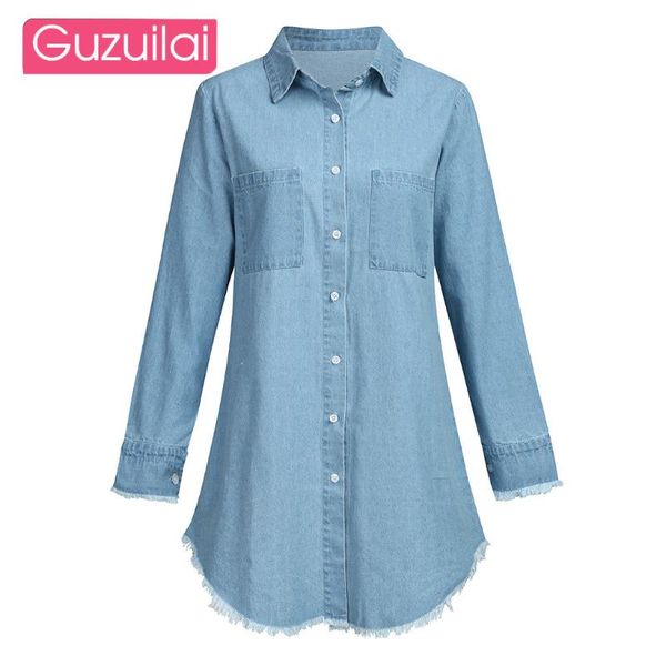 

guzuilai autumn denim jacket for women loose casual blue women overcoat female jacket fashion fringed denim shirt for, White