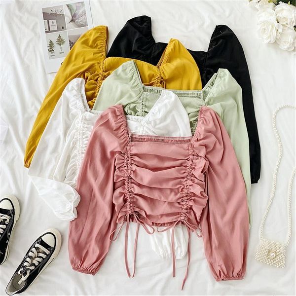 

women long sleeve square collar chiffon shirt lady thin rope solid color short crop h829, White