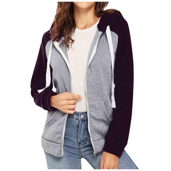 

women's jackets women jacket 2021 spring casual long sleeve zipper stitching contrast hooded patchwork jeans plus size, Black;brown