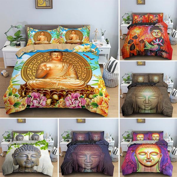 

buddha statue bedding set boho lotus duvet cover single double king  size with pillowcase 2/3pcs home textile