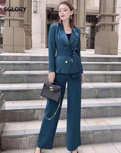 

brand blazer sets 2021 spring business suit woman peplum blazer coat+wide leg long pant set female work suits green1, White