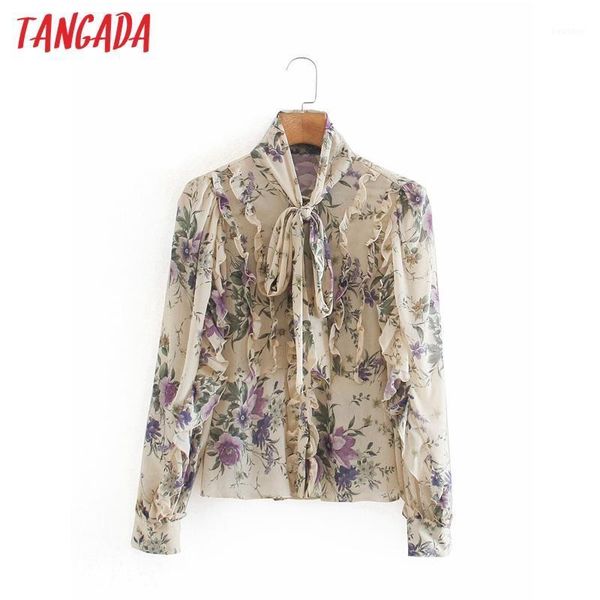 

tangada women retro flowers print ruffles bow shirt blouse long sleeve chic female french shirt blusas femininas 2w391, White
