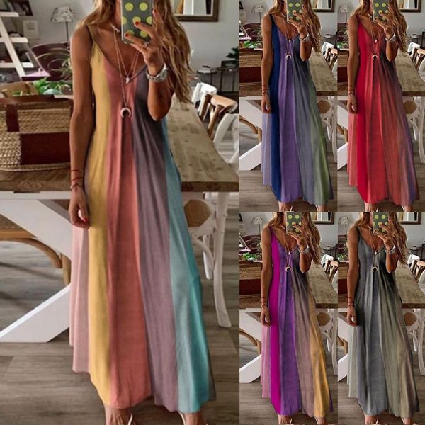 

35# fashion woman dress gradient print dresses sleeveless v-neck plus size summer dress camisole long dress #jsw, Black;gray