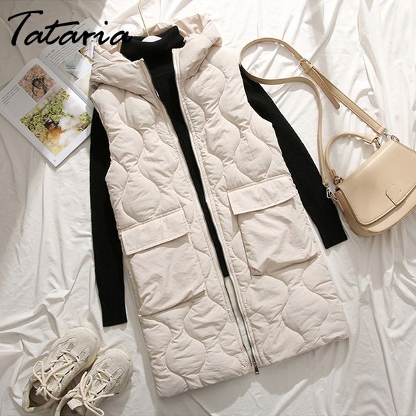 

tataria women winter warm parkas vest female sleeveless jacket winter hooded cotton vest women slim windproof warm waistcoat 201027, Black;white