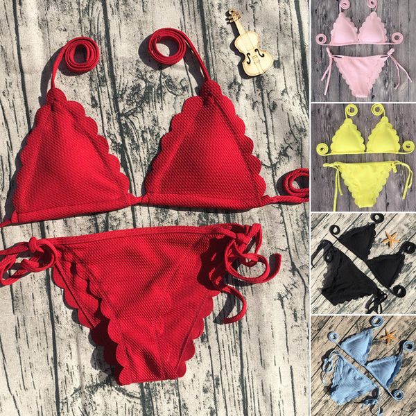 

2019 new style fashion women's bikini set swimwear ruffles bandage cute solid travel beach party swimsuit, White;black