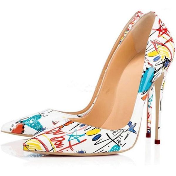 

graffiti printed stiletto heel pumps pointed toe 12  8cm patchwork shallow wedding dress shoes women big size 101, Black