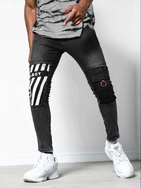 

tejano hombre new hosen herren skinny tejanos slim broeken mannen printed men jeans pants black hip hop patchwork jeans men, Blue