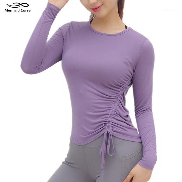 

women tight-cut long sleeve tees sports wear for women gym yoga shirts drawstring on the side workout for woman t-shirt1, White;red