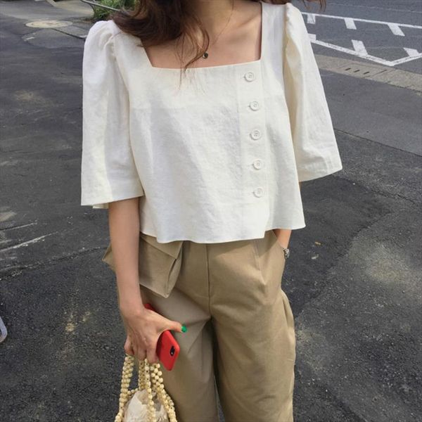 

womens summer cotton linen ladies blouses straight shirt side buttons blusas haut femme bluzki damskie camiseta mujer, White
