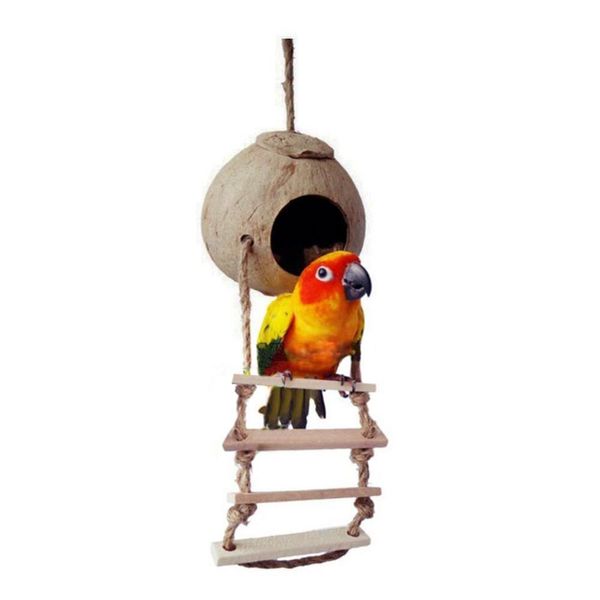

new natural wooden parrot toys coconut shell wood handmade parrot house matching ladder bird qylqvi bdenet