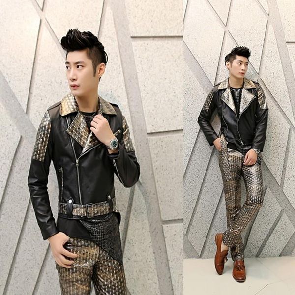 

men's fur & faux 2021 motorcycle leather jacket fashion personality splicing slim trend hip hop singer costumes, Black