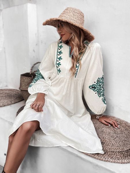 

floral embroidery notched neckline lantern sleeve dress i7tz#, Black;gray