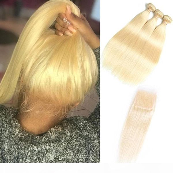 

бразильская дева волос пучки с closures 613 blonde связка с фронтальными 10-30 дюймов прямого человеческих волос 3 связкой с 4 * 4 закрытием, Black;brown