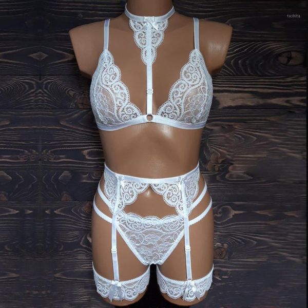 

lace lingerie set women halter wireless bra bow thong leg ring underwear briefs stripper clothes lace babydoll open bra set1, Red;black