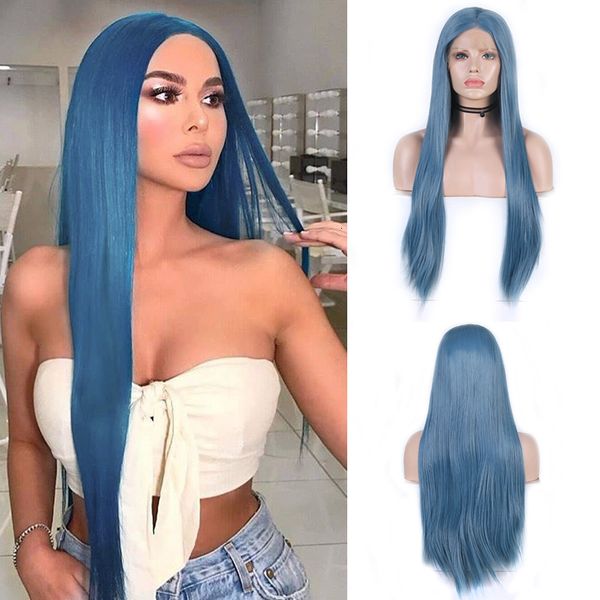 

charisma long straight hair blue wig synthetic lace front wig for women cosplay wigs high temperature fiber glueless wigs, Black;brown