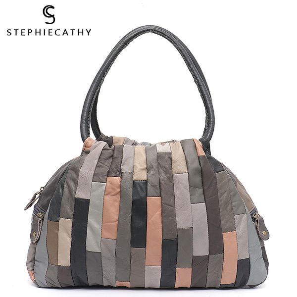 

sc brand design vintage leather patchwork women shoulder bag casual large sheepskin hobo retro style female travel handbags tote c0121