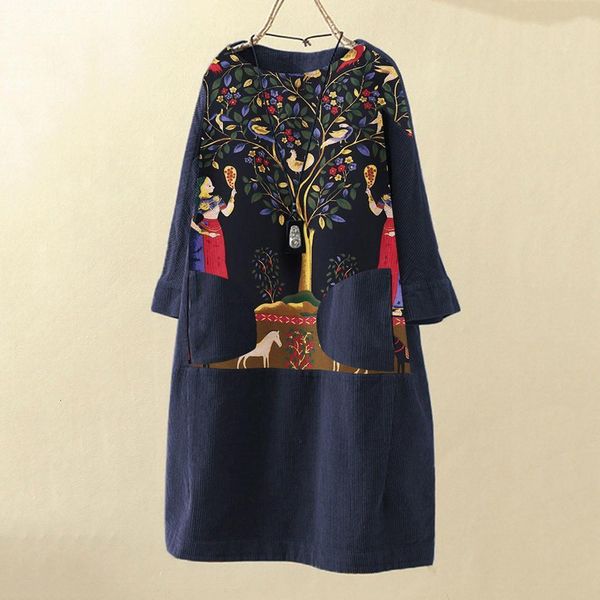 

vintage women dress corduroy ethnic print patchwork long sleeve pockets o neck loose dress casual women party dresses 2021, Black;gray