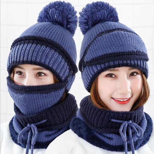 

beanie/skull caps winter hat women velvet thick warm skullies beanie hats lady chenille knit bib mark female riding wool sets 3, Blue;gray