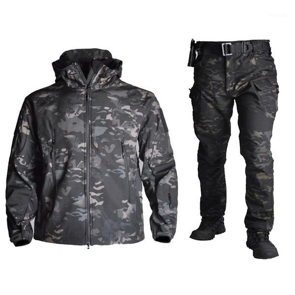 

outdoor jackets&hoodies tactical sharkskin softshell tad suits men camouflage hunting clothes hiking windproof waterproof hooded jacket+pant, Blue;black