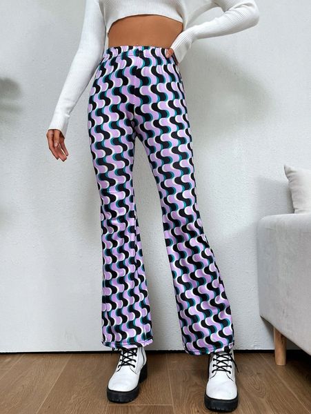

ripple print flared leg pants h9gh#, Black;white