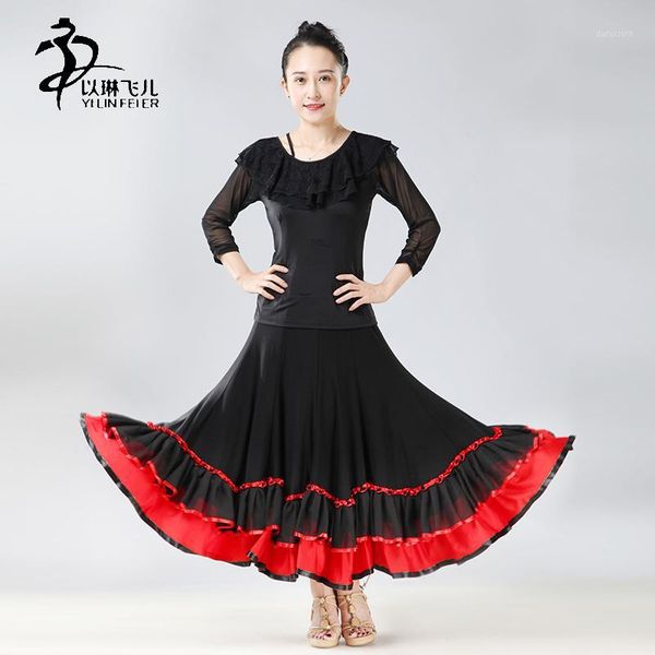 

flamenco skirt ladies ballroom waltz competition dance skirt tango standard1, Black;red