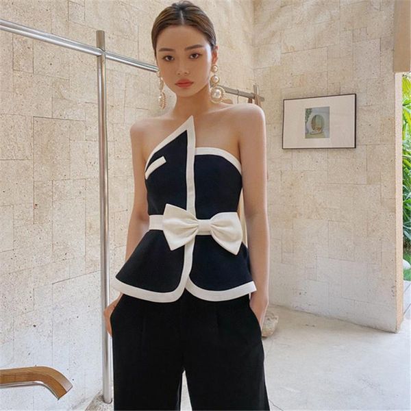 

women's tanks & camis 2021 fashion bow black white patchwork high street short ruffles strapless